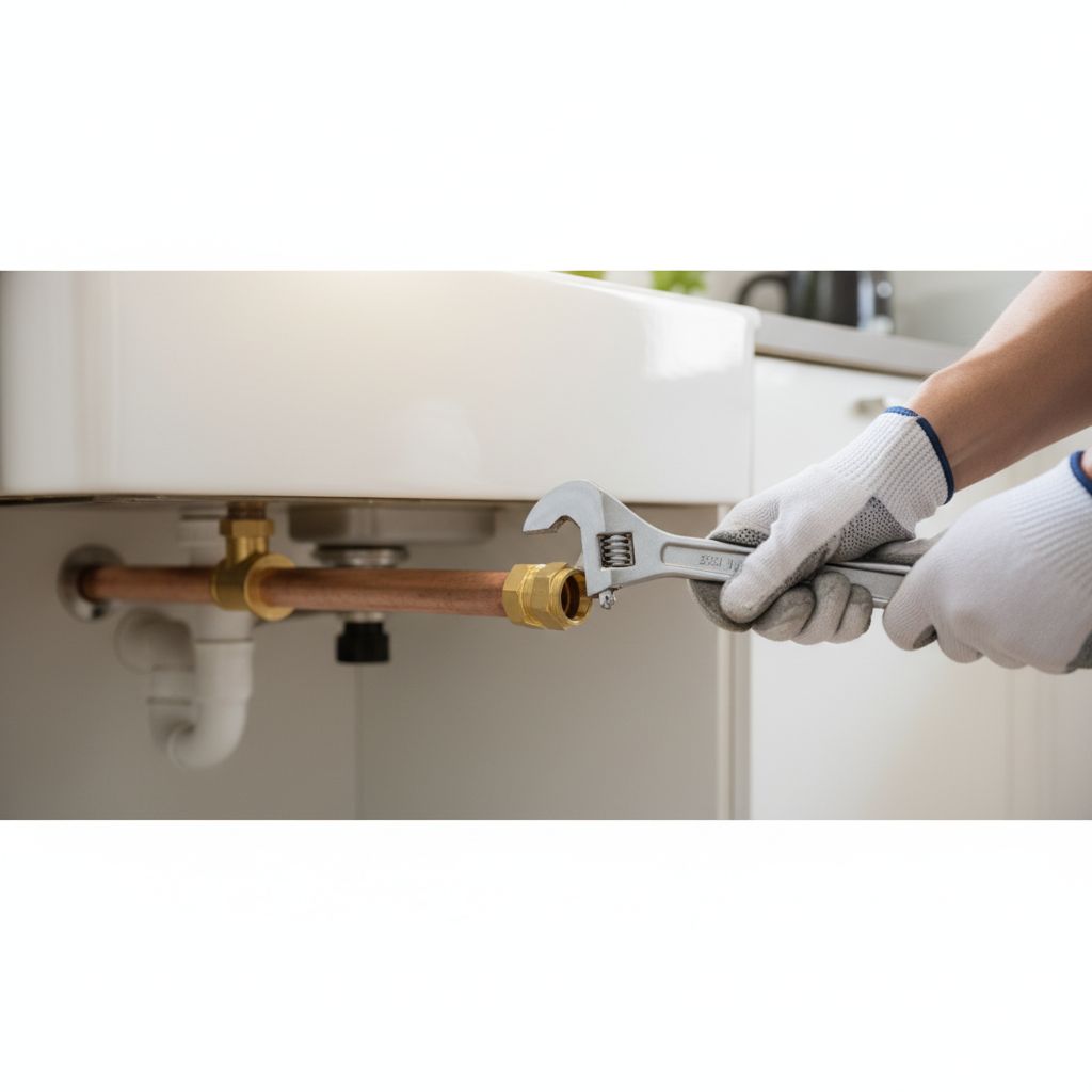Plumber tightening a copper pipe fitting